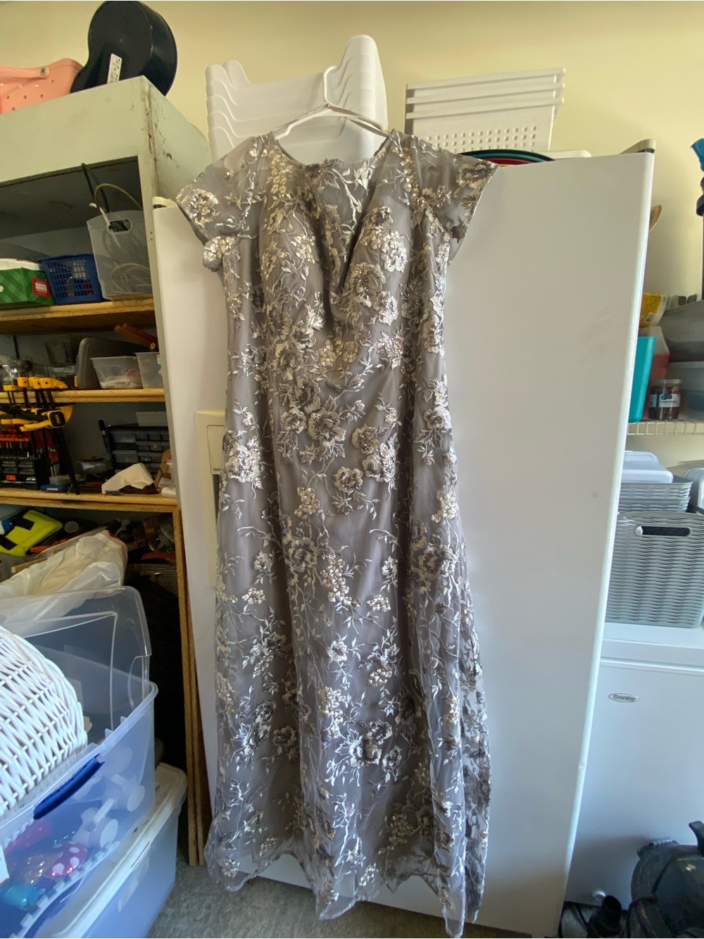 Mac Duggal Silver Floral Embroidered V-Neck Prom Gown
